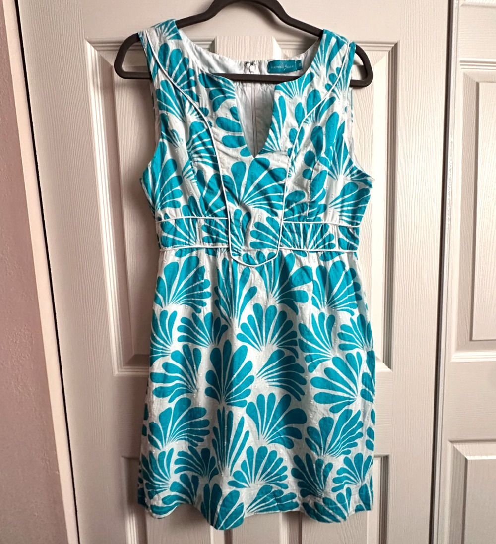 Southern Frock Turquoise & White Shell Print Sleeveless Cotton Mini Dress Sz 10
